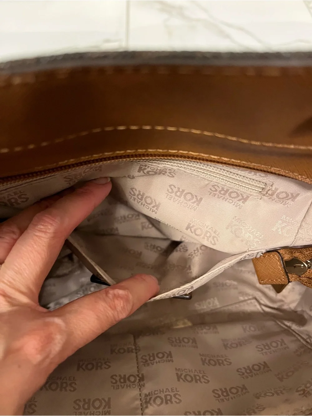 Michael Kors Brown MK Signature Shoulder Bag with Gold Hardware